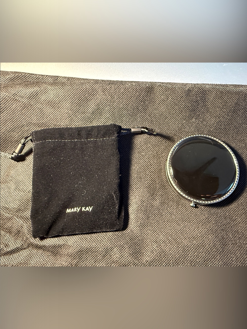 Mary Kay Black and Silver Travel Compact Mirror with Velvet Pouch
